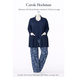 Carole Hochman Womens 3X Floral Paisley Interlock 3 Piece Lounge Set Navy